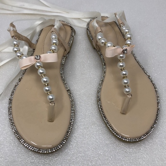 Kailee P Sandals Faux Pearl & Rhinestone Crystal Champagne Ankle Ribbon Size 33 - Picture 11 of 12